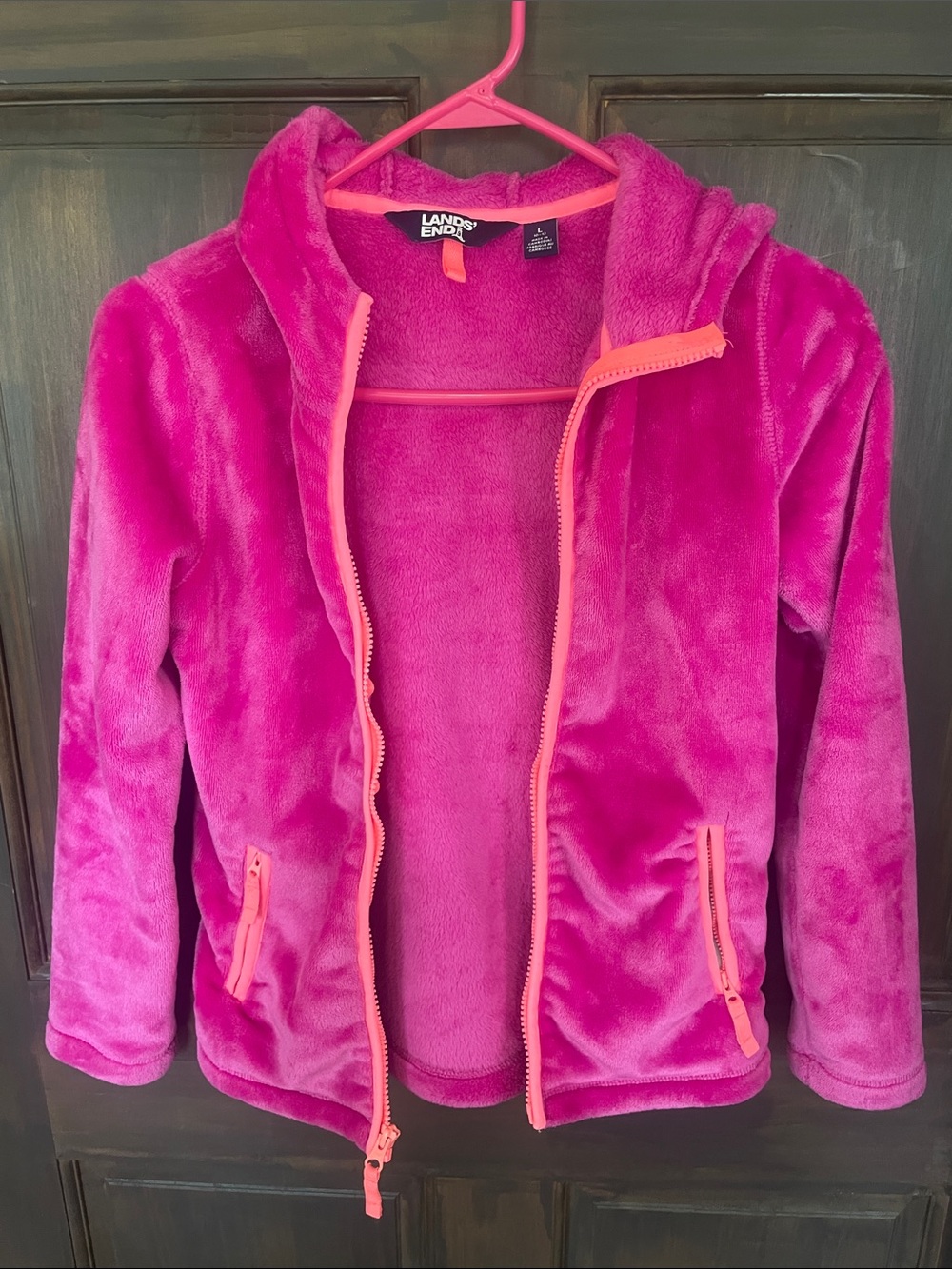 Lands' End Kids Fuzzy Hooded Jacket - Hot Pink with Coral Accents Size L